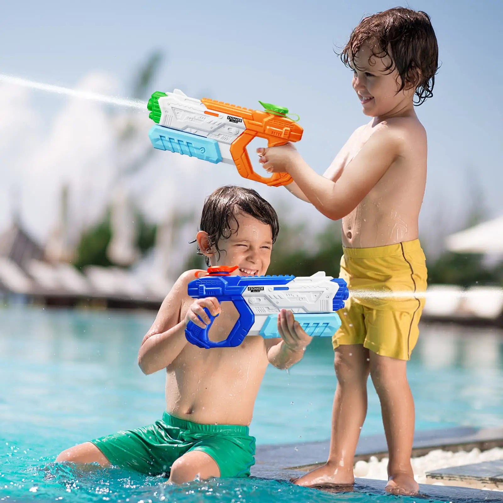 Two children playing with water guns by a pool on a sunny day.