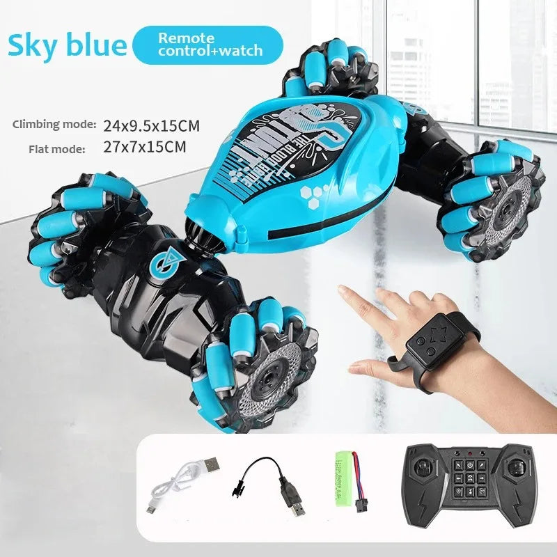 Toy robot with remote control and wristband on a white background