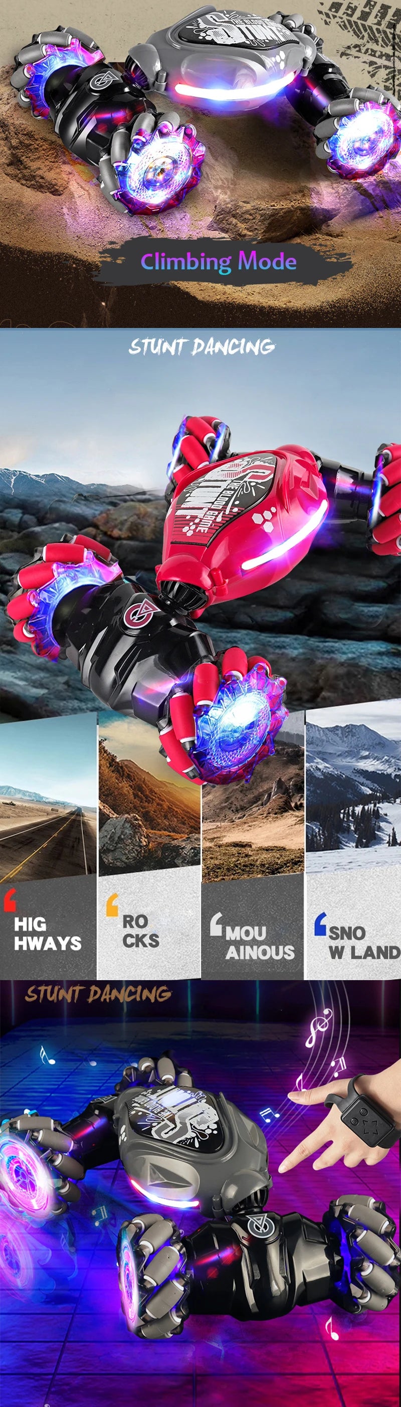 Motorcycle with LED lights in various modes on a mountainous landscape.