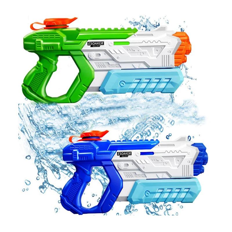 Two toy water guns, one green and one blue, with water splashes on a white background.