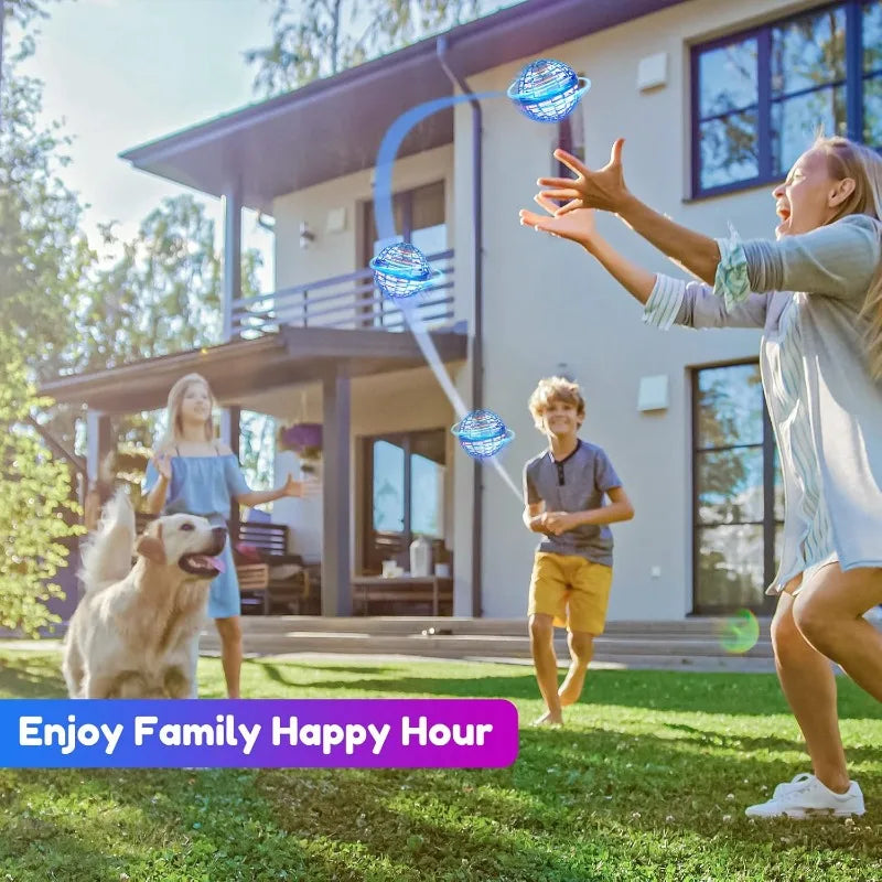 Family playing with a dog in a backyard with a house in the background, featuring a product in the foreground.