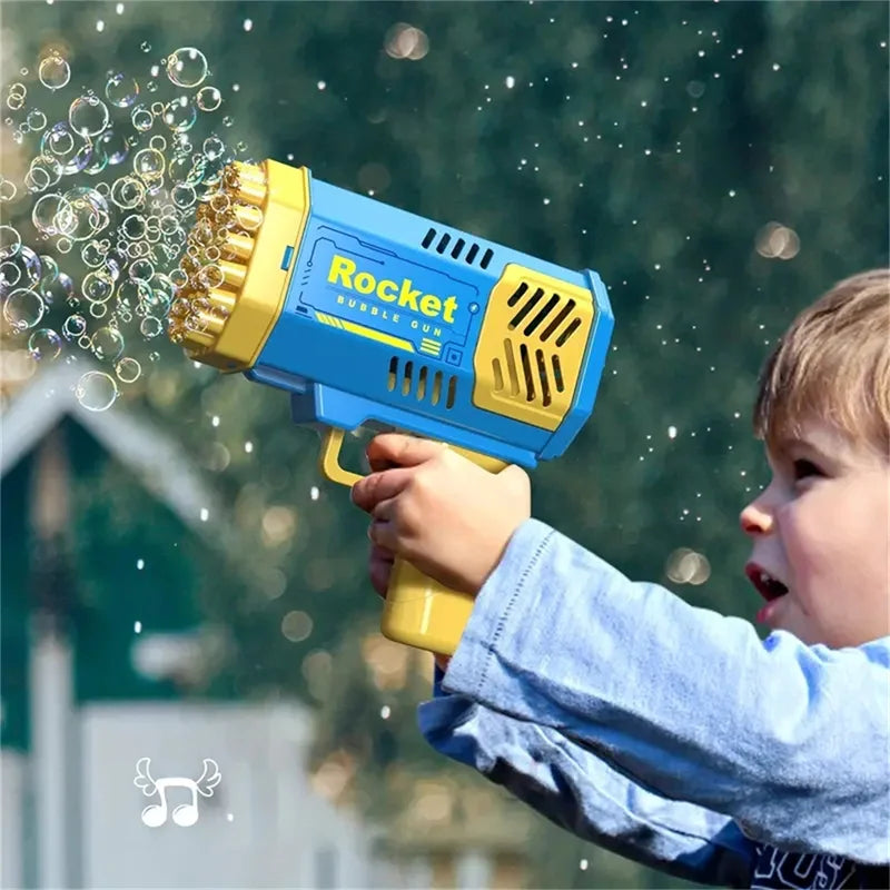 Child holding a bubble gun labeled 'Rocket' with bubbles in the foreground.
