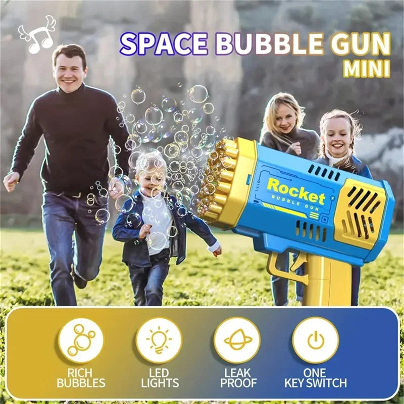 Space bubble gun mini with family playing outdoors, featuring LED lights and bubble features.