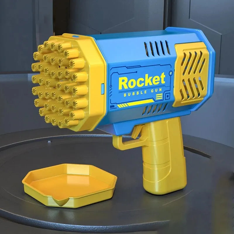Yellow and blue bubble gun toy with 'Rocket' branding on a dark background