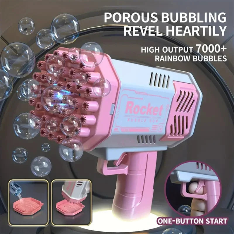 Pink bubble gun with text about bubble output and features on a gray background