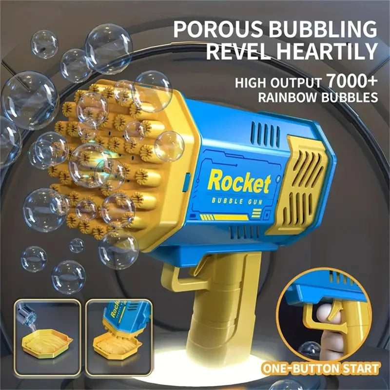 Yellow and blue bubble gun with bubbles around it, labeled 'Rocket Bubble Gun'.