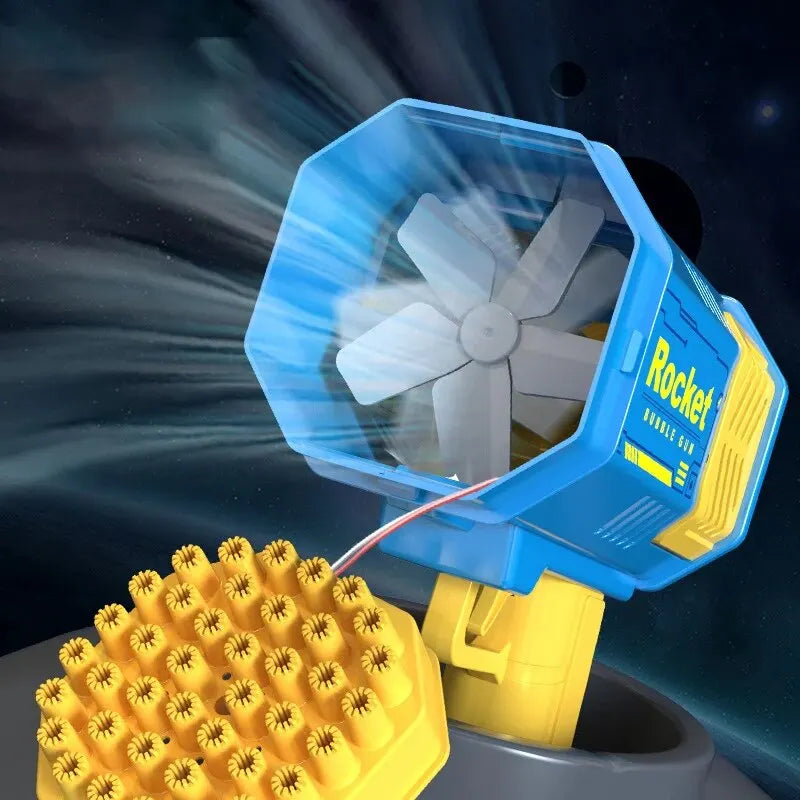 Blue and yellow bubble machine with a fan and bubble solution on a dark background