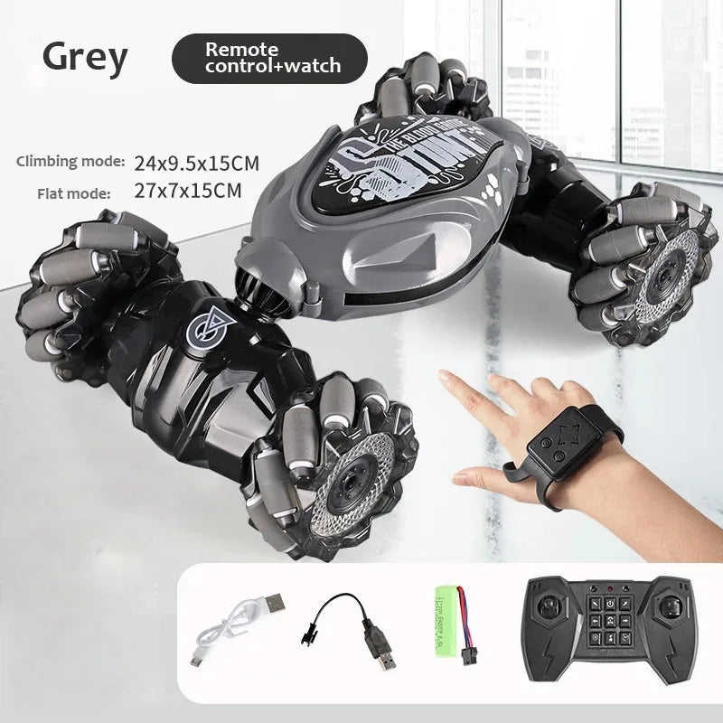 Mechanical arm with remote control and watch, climbing and flat modes, on a white background.