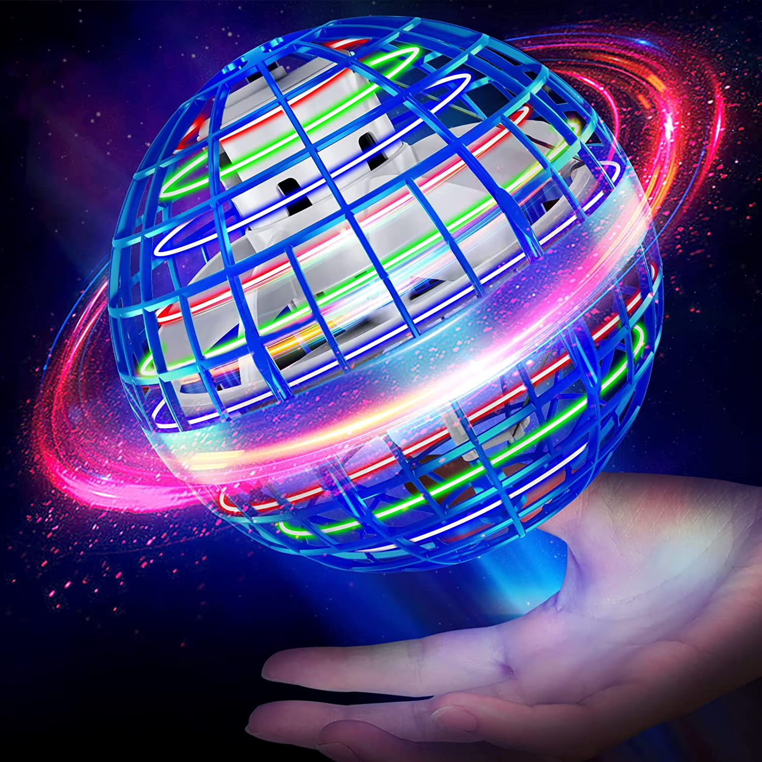 Colorful LED light-up toy held in a hand against a dark background