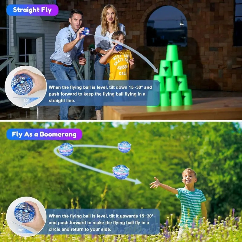 Product demonstration with family and child playing with flying ball in outdoor settings