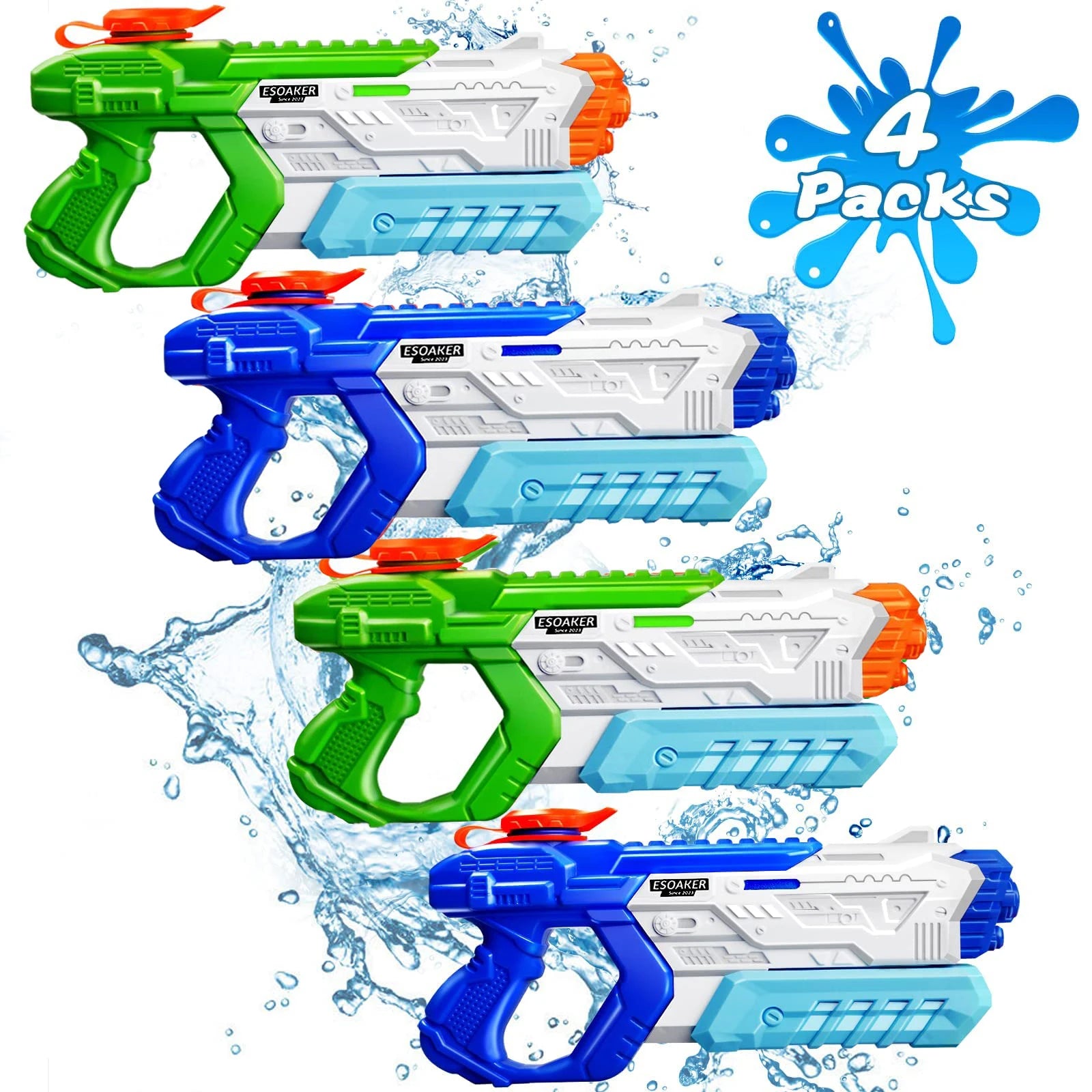 A set of four durable water blaster guns in bright colors designed for outdoor water play. Each blaster features a 600CC tank capacity for longer fun during summer games. Perfect for kids, teens, and family water