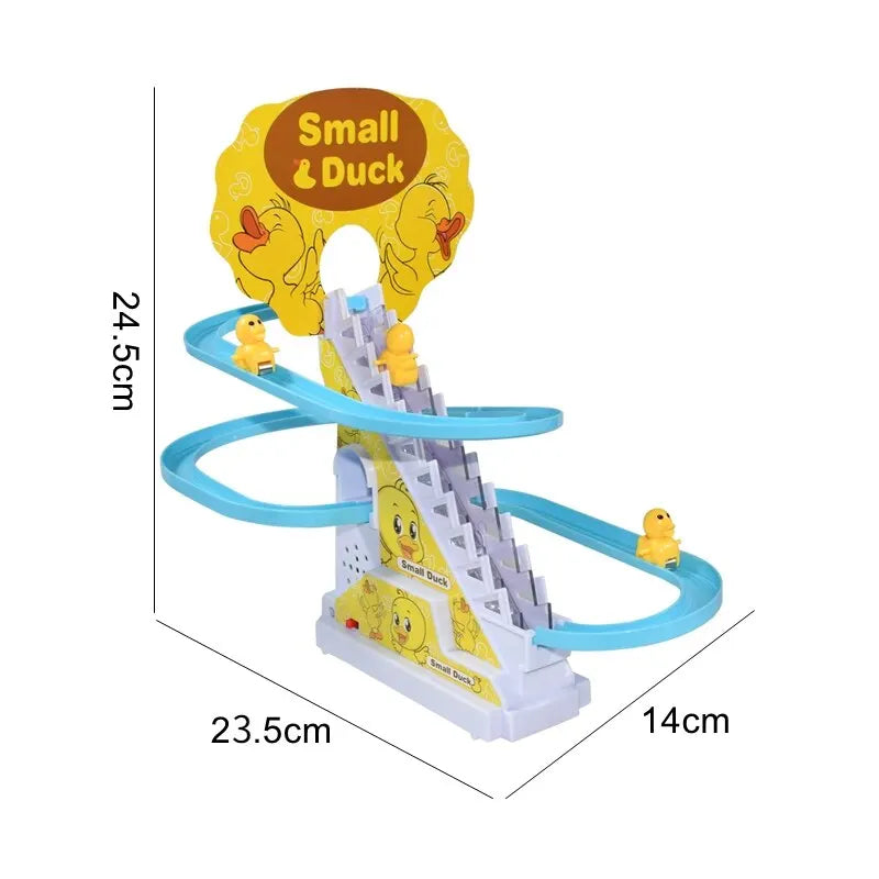 Toy track set with 'Small & Duck' branding, featuring a duck figure and measurements on a white background.