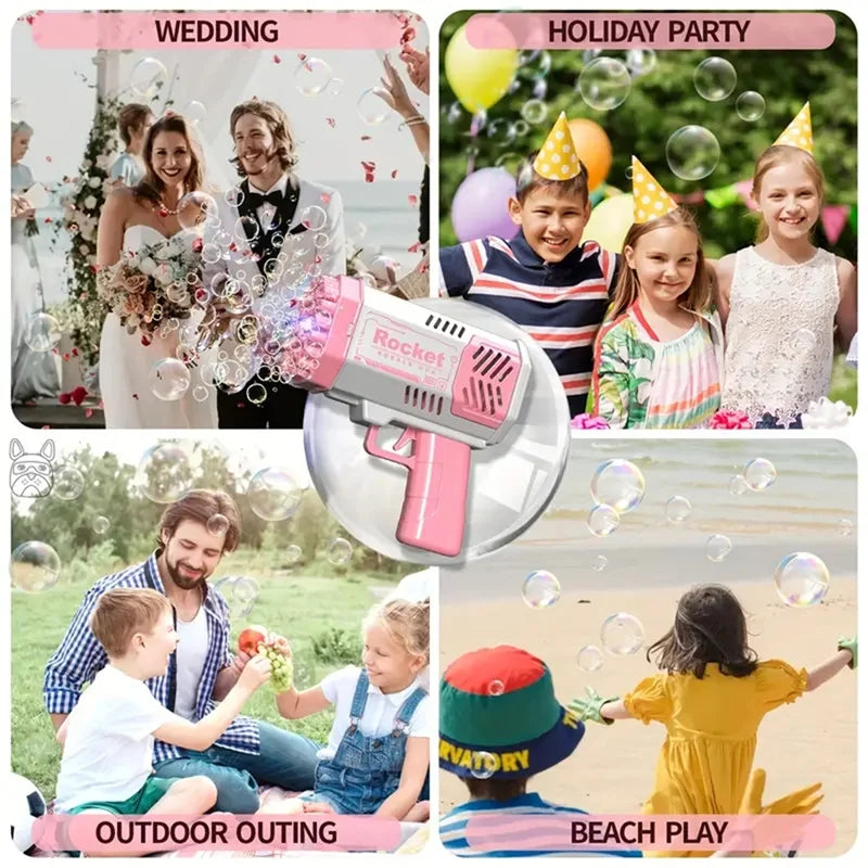 Collage of images showing a bubble gun with different scenarios like wedding, holiday party, outdoor outing, and beach play.