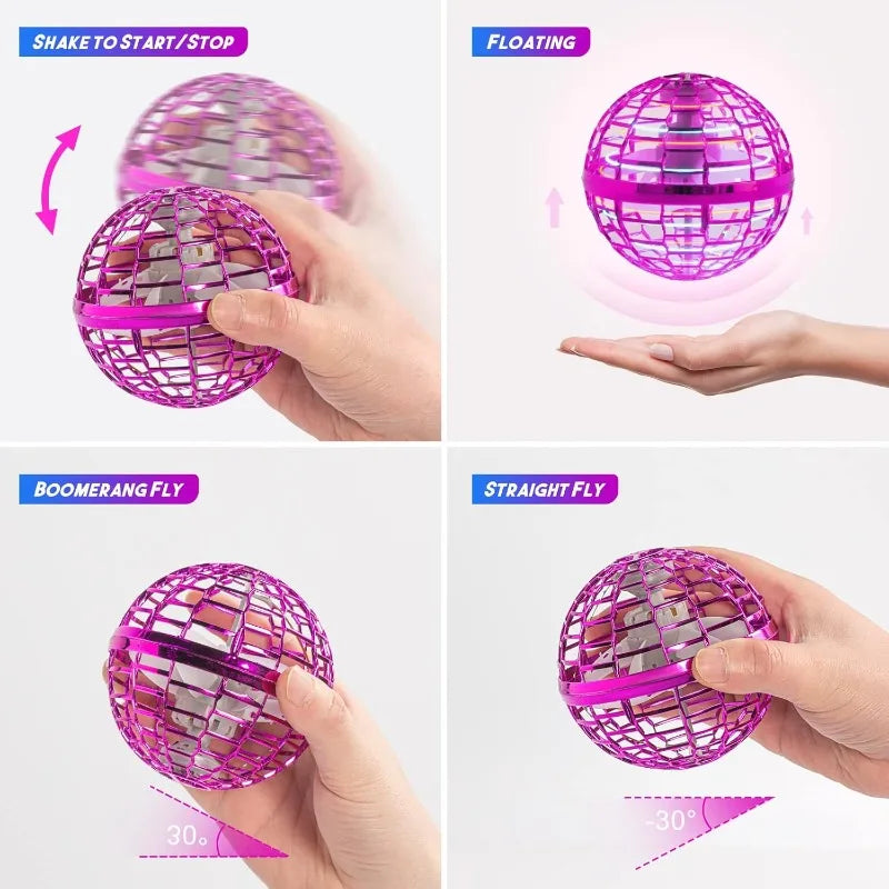 Collage of a pink ball with different functions labeled on a white background