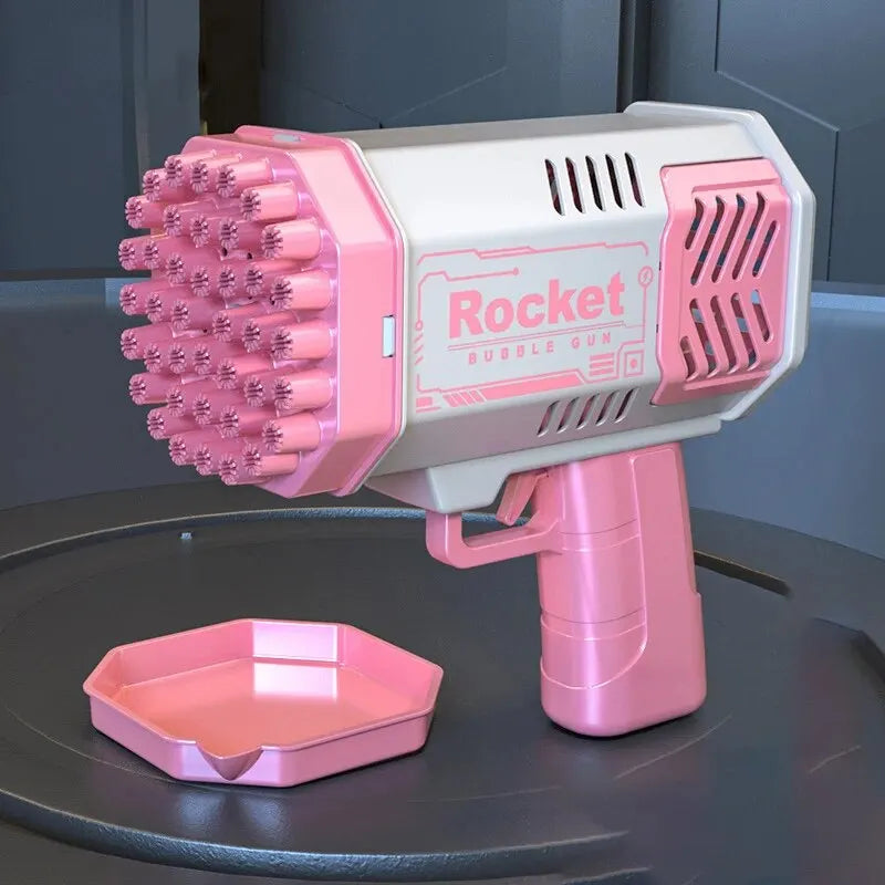 Pink bubble gun with 'Rocket' branding on a dark surface