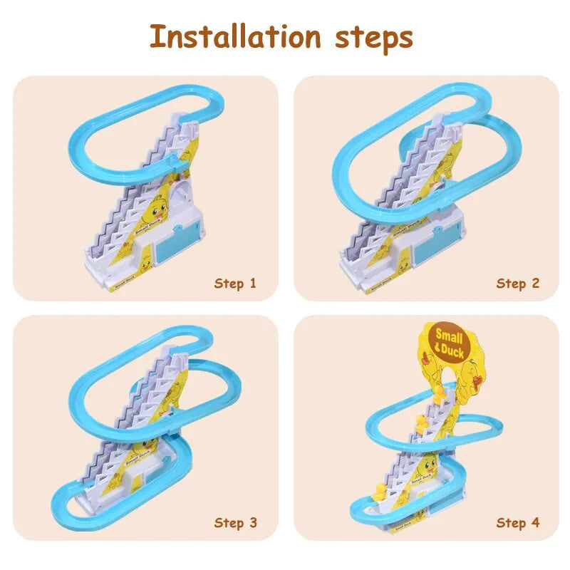 Step-by-step installation guide for a toy track with cartoon character on beige background