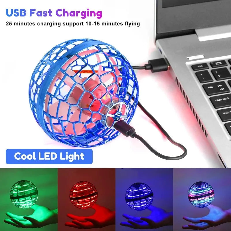 USB-powered LED light ball charging from a laptop with color-changing options displayed.