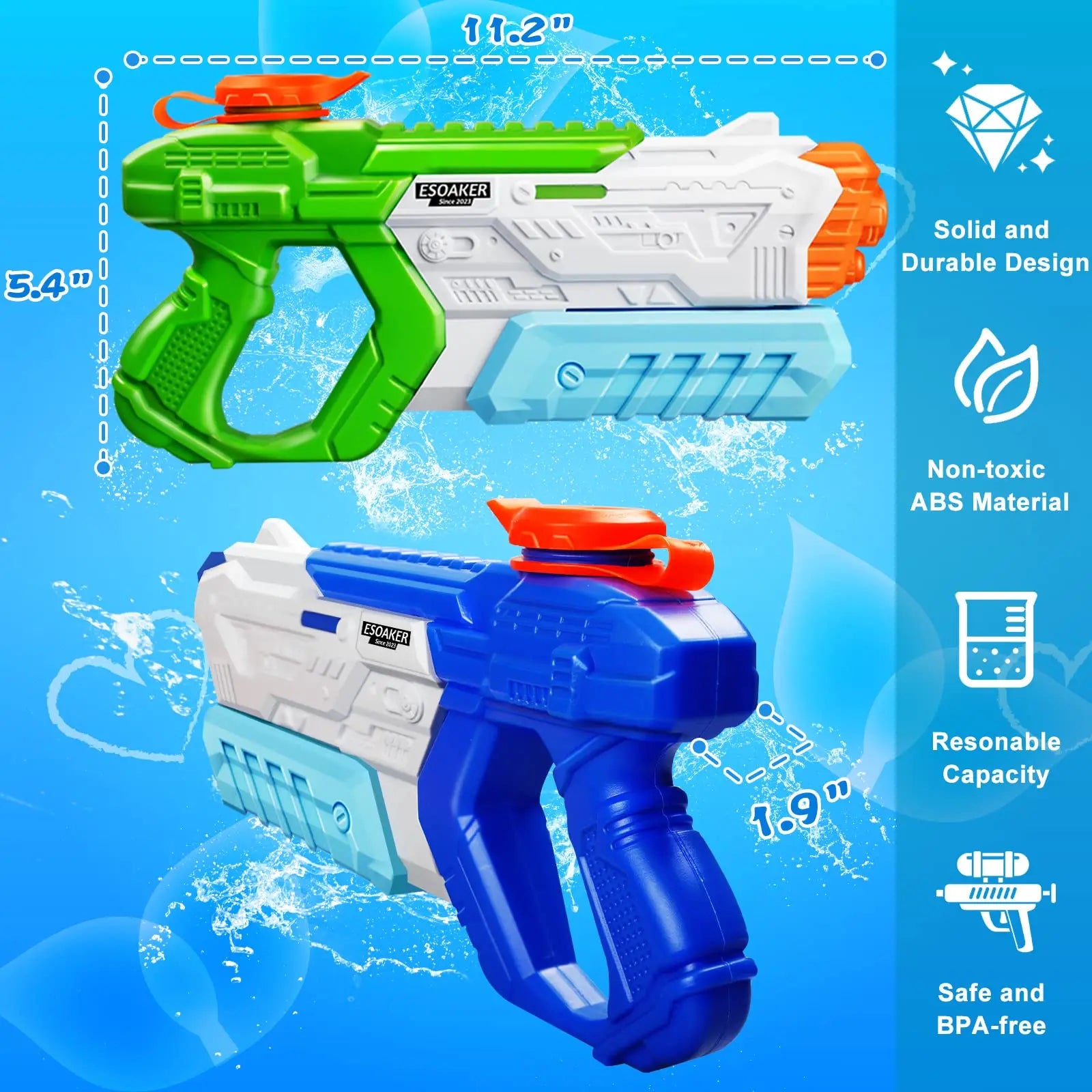 This four-piece water gun set delivers exciting backyard fun. Easy to pump and shoot, designed for high water output and long-range soaking action.