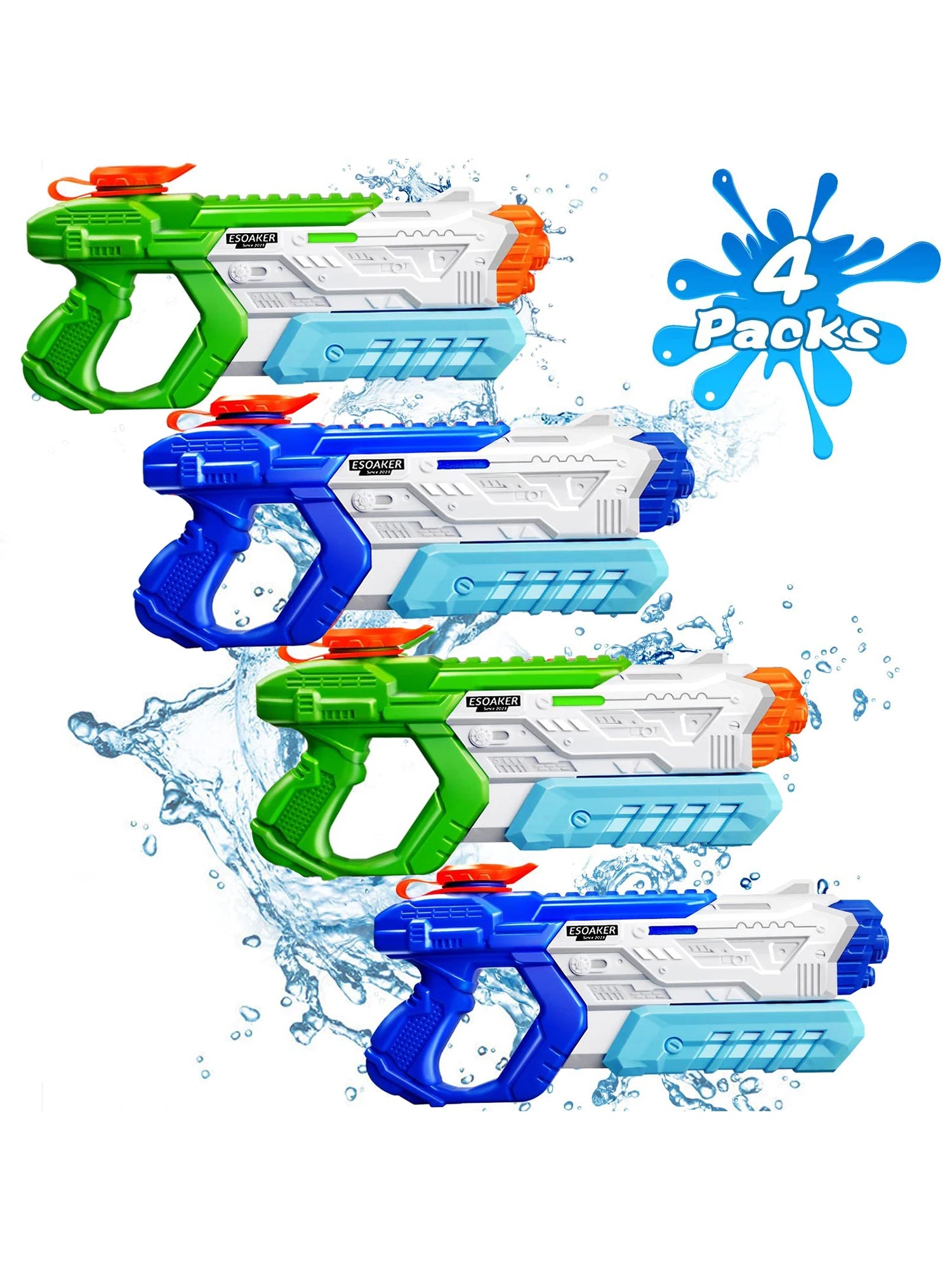 Four toy water guns in green, blue, and white with water splashes on a white background.