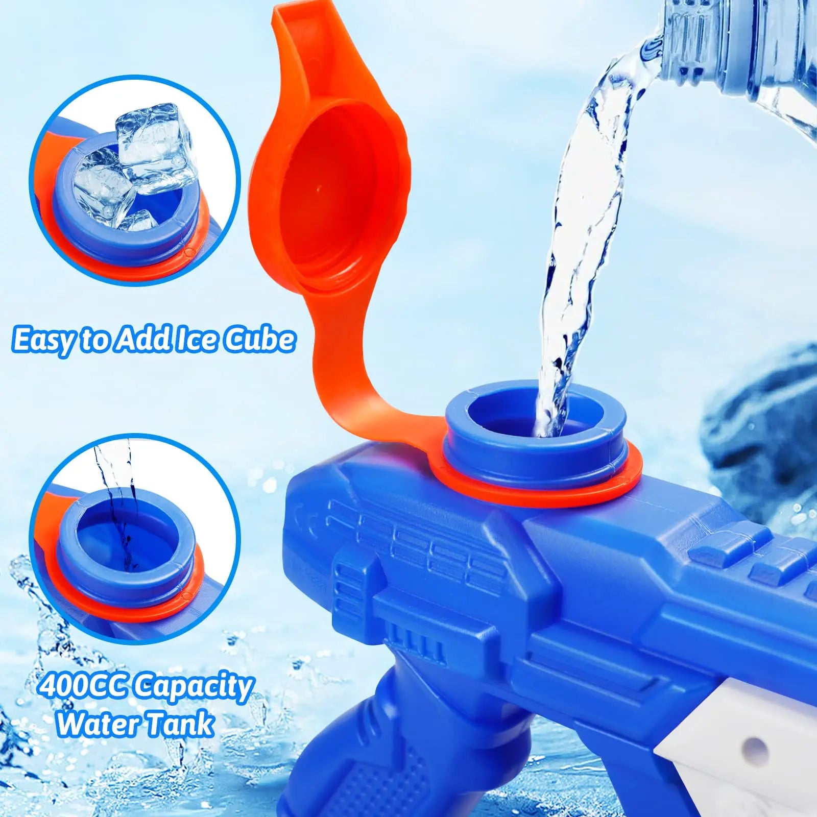 Blue water gun with orange lid being filled with water, set against a blue background.