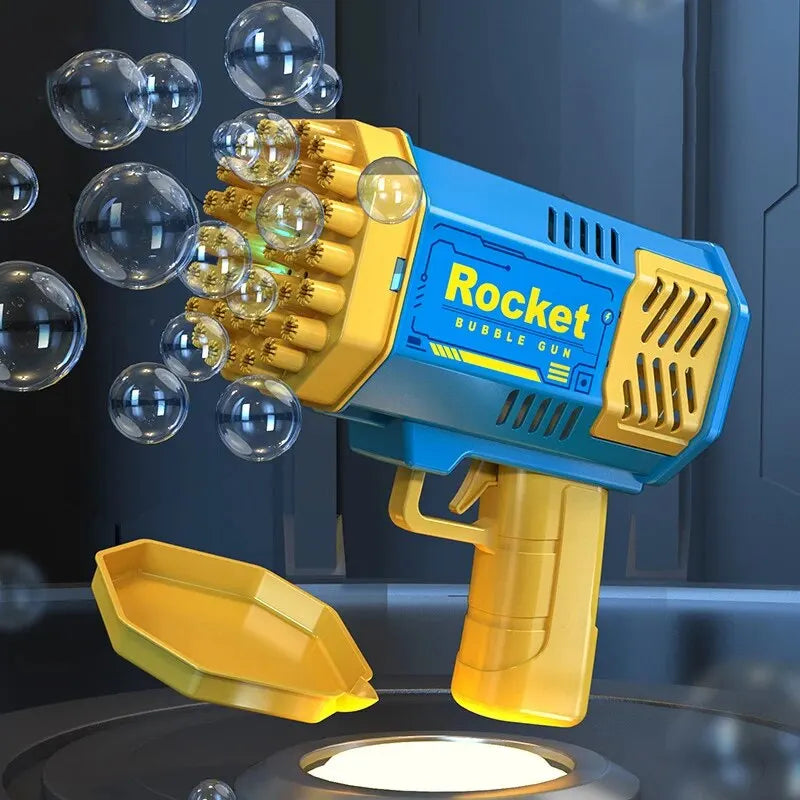 Toy bubble gun labeled 'Rocket' with bubbles around it on a dark background