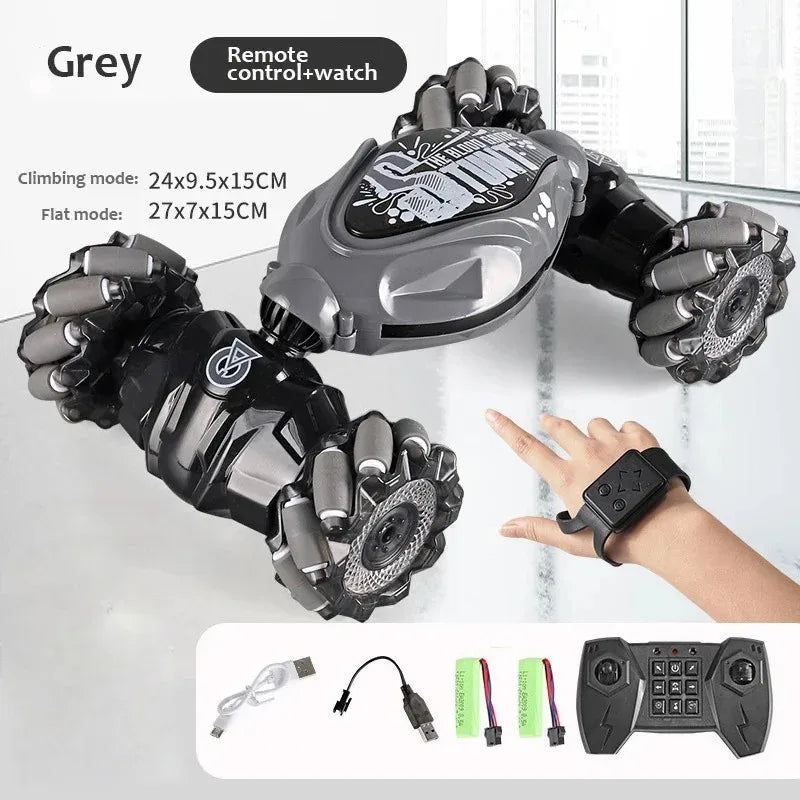 Gray remote control and watch with climbing and flat modes, hand holding the watch, and accessories on a white background.