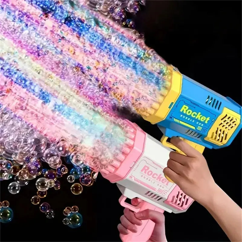 Two bubble guns, one pink and one blue, being used to create colorful bubbles against a black background.