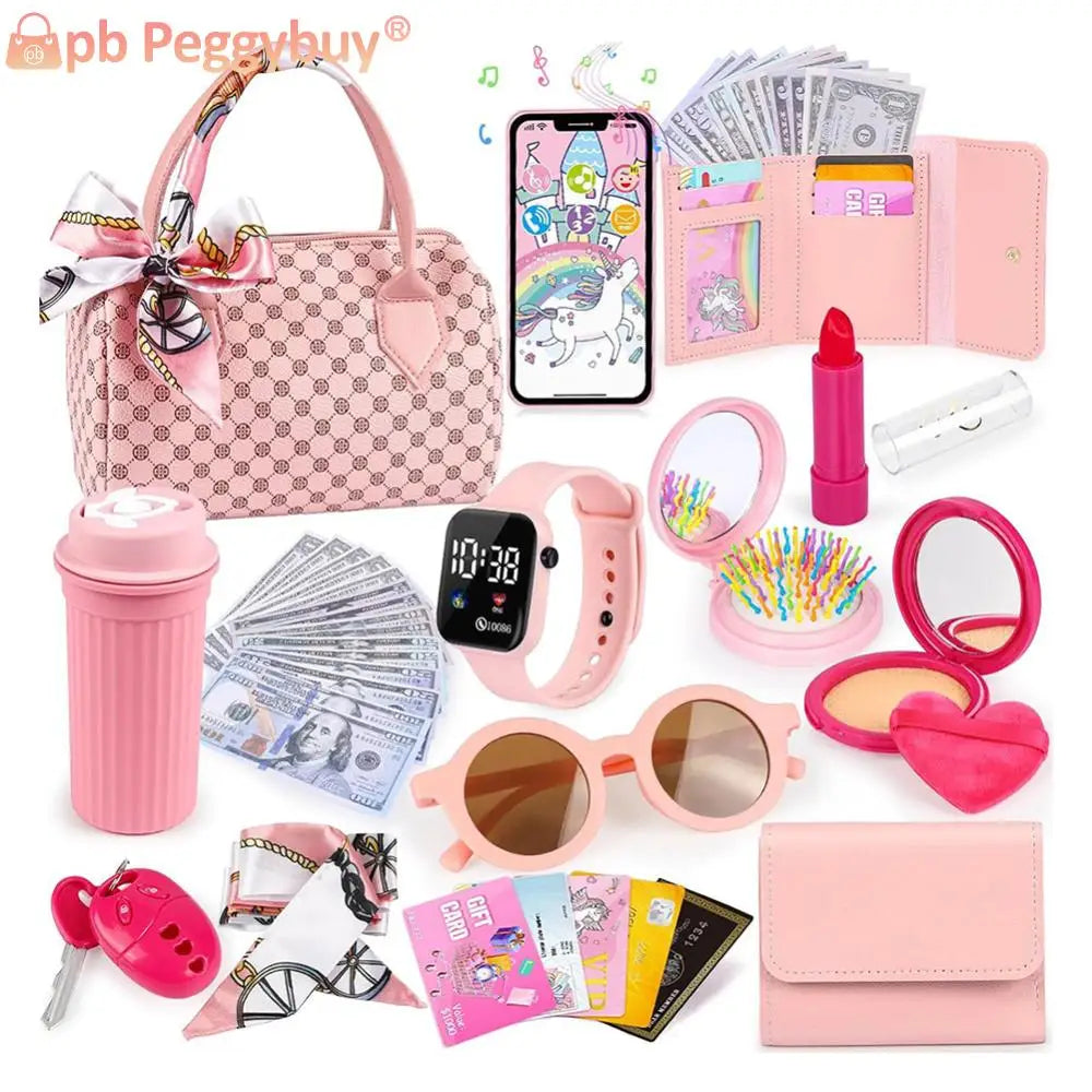 Simulation Girls Handbag Toy, 1 Box Pretend Play Phone & Wallet & Makeup Toy & Other Accessories, Birthday Gift for Girls, Kids Vanity