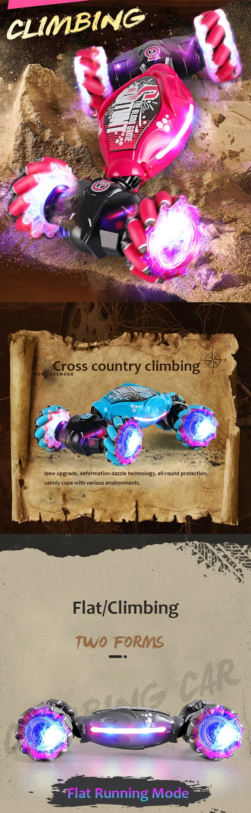 Colorful hoverboard with LED lights on a wooden surface, labeled for climbing and flat running modes.