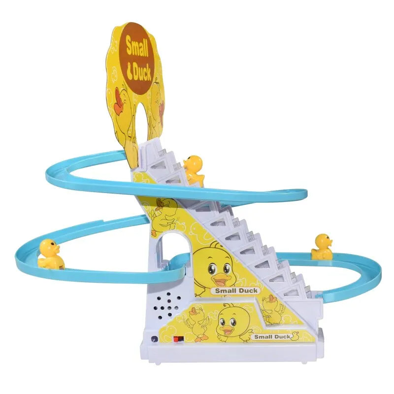 Toy track set with small duck figures on a white background