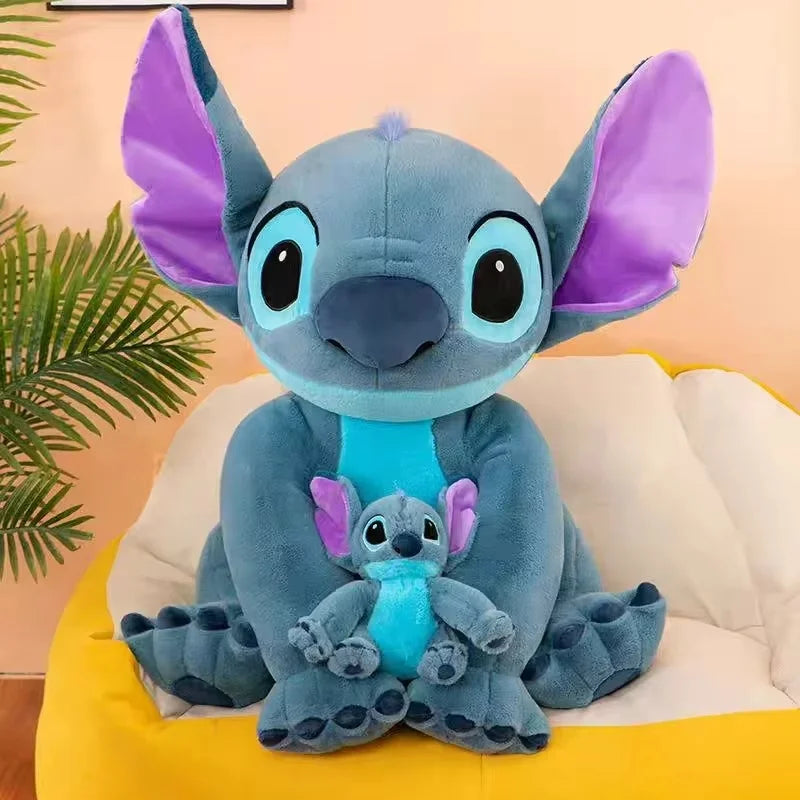Large blue Stitch stuffed toy sitting in a shopping cart inside a store, soft and cuddly plush with big ears and friendly face.
