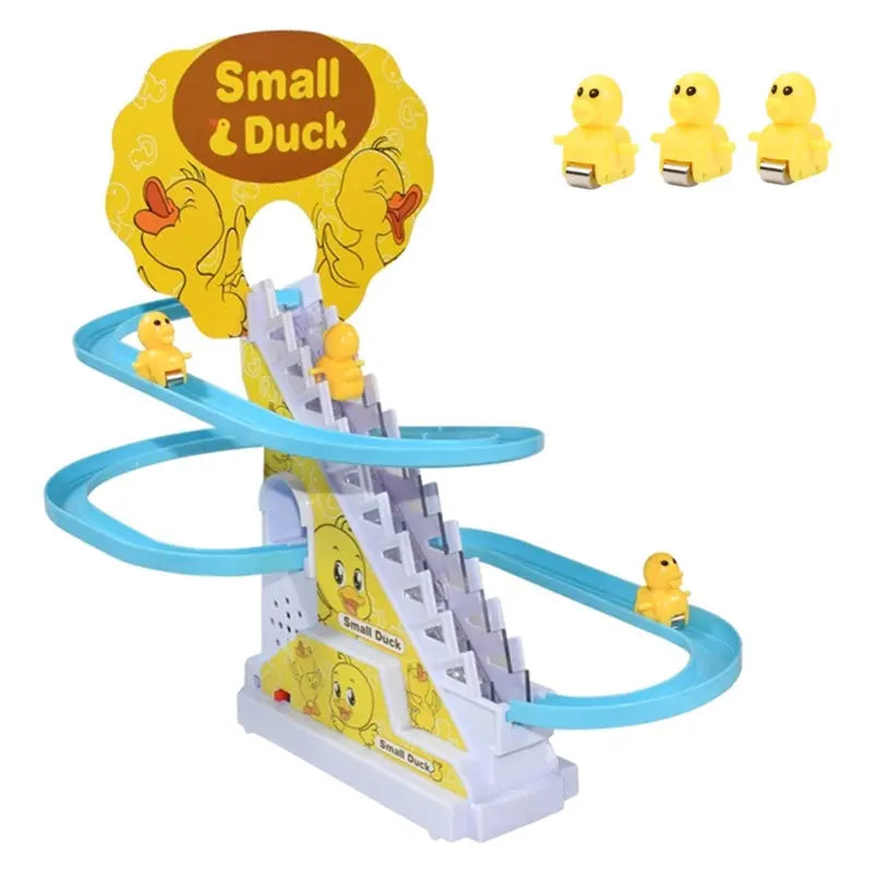 A bright and cheerful duck track toy featuring moving duck figures that climb stairs and slide down a winding blue track. Designed to entertain toddlers with music and motion.